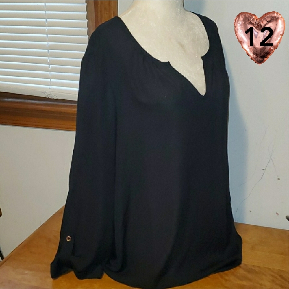 Ashley Stewart 12 Black Sheer Button Cuffed Blouse